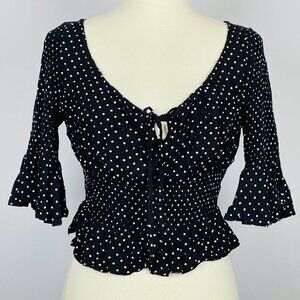 Paradise USA Babydoll Crop Top Sz L Polka Dot Milkmaid Coquette Trumpet Sleeve